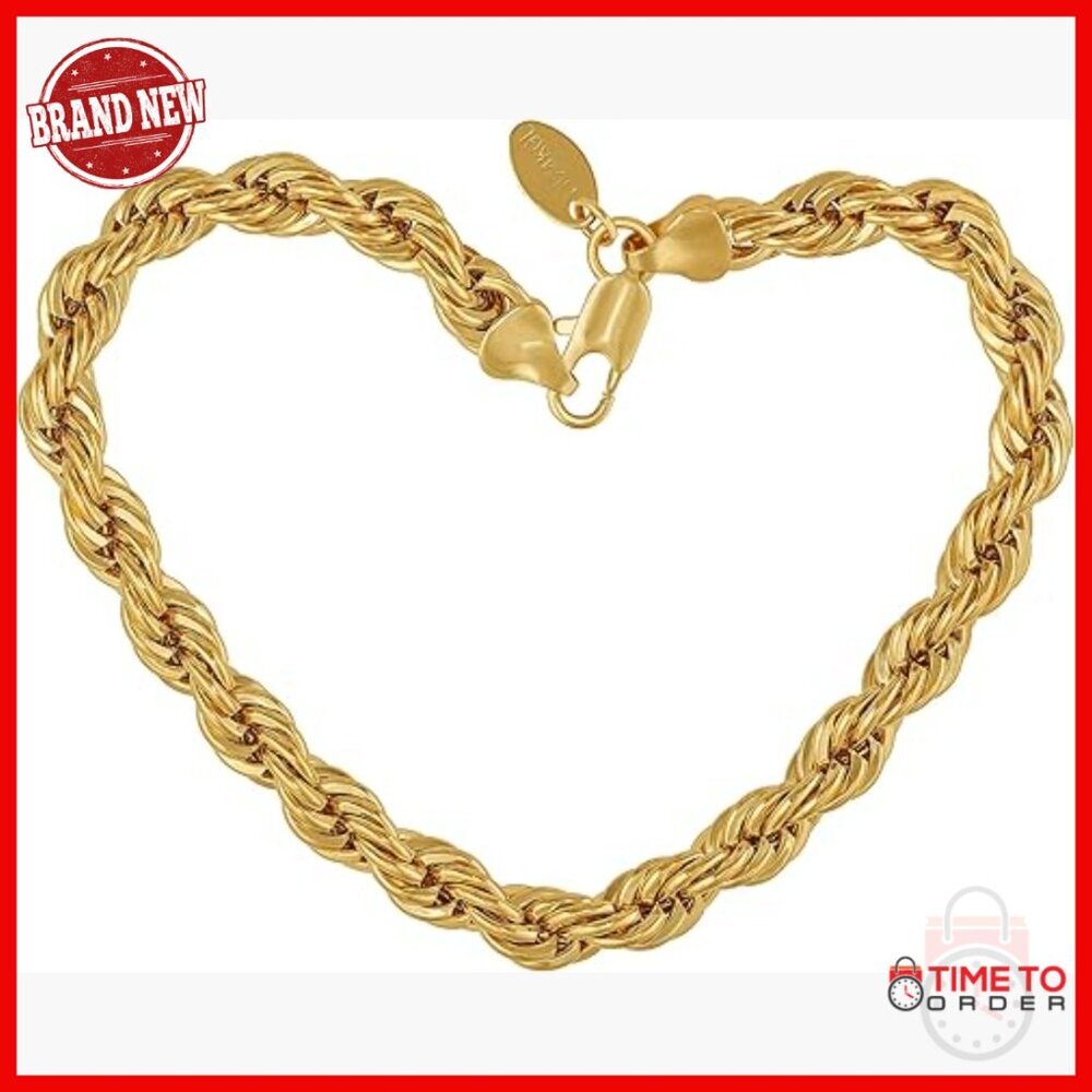 7mm Rope Chain Bracelet 24K Gold Plated Lobster Clasp 9 Inch